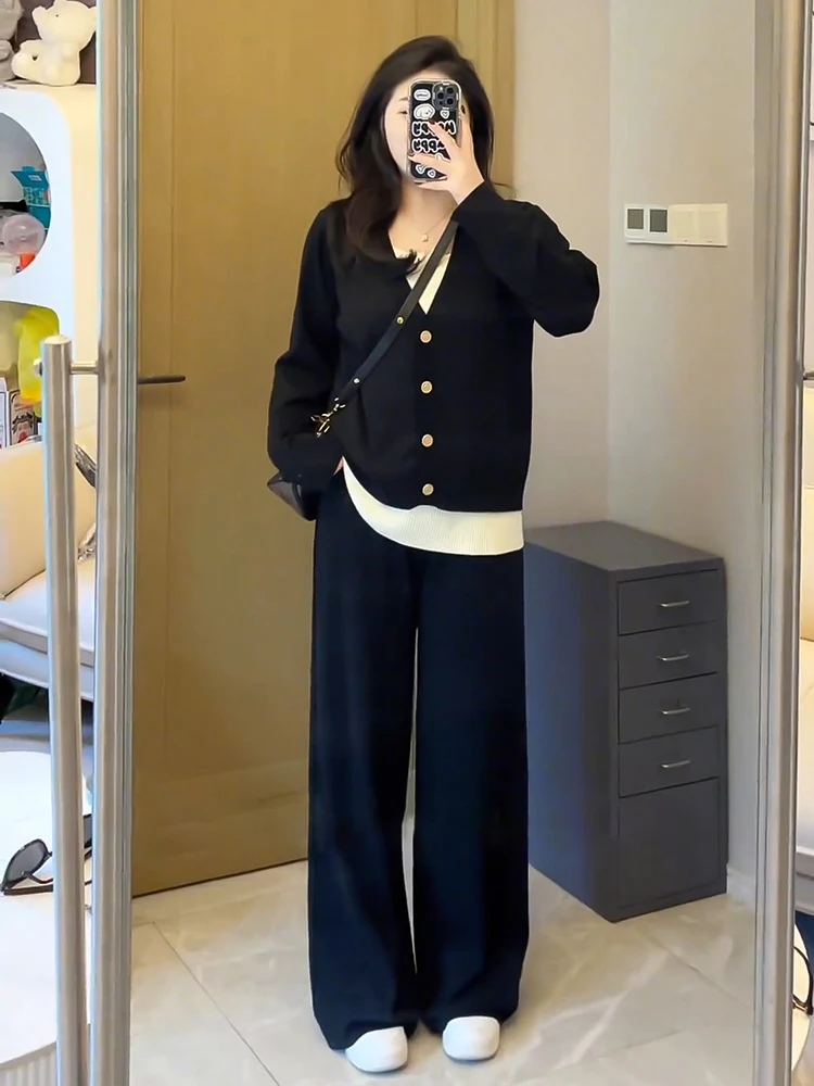 

Вязаный свитер и длинные брюки больших размеров, женский осенне-зимний комплект из двух предметов больших размеров Pear Ape Body pe