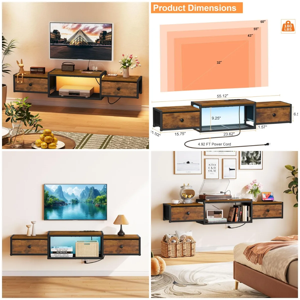 

Floating TV Stand with Outlet & LED Lights, Wall-Mounted Media Shelf with Drawer for Living Room, Bedroom