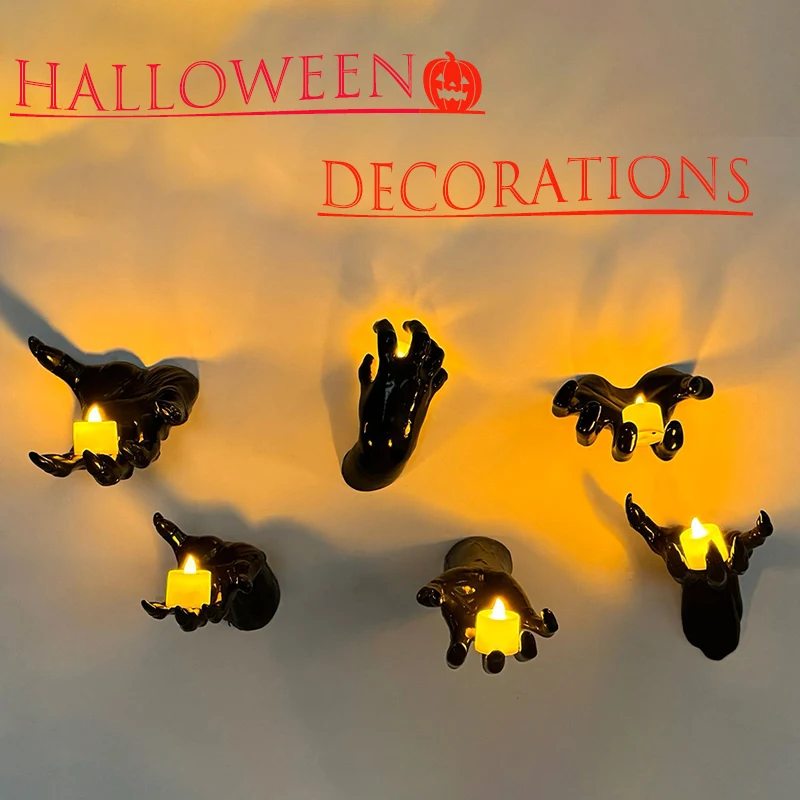 3PCS Halloween Creepy Reaching Hands, Wall Mounted Life-Sized Horror Hands with Lighted Candles,Scary Wall Halloween Decorations