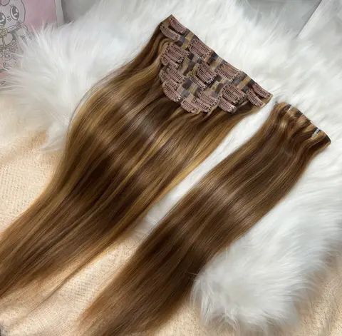 Highlight Clip-in-Haarverlängerungen, Echthaar, 100 % brasilianisches Remy-Glatthaar, 4/27, Farbe, unsichtbarer PU-Einschlag, Clip-Ins, Echthaar