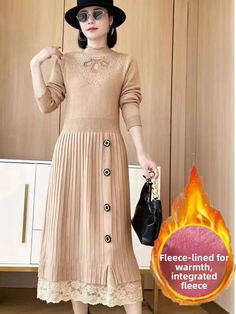 

Утепленное флисовое женское платье-пальто с кружевной отделкой, длиной до колена, готовое к носке, с длинным рукавом, теплое, для повседневной носки, средней длины