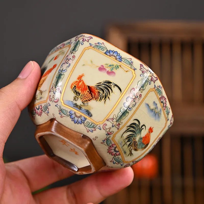 160ml Ru Kiln Hexagonal Enamel Tea Cup, Lotus Rooster Pattern with Gift Box, Master Guest Ceramic Teaware