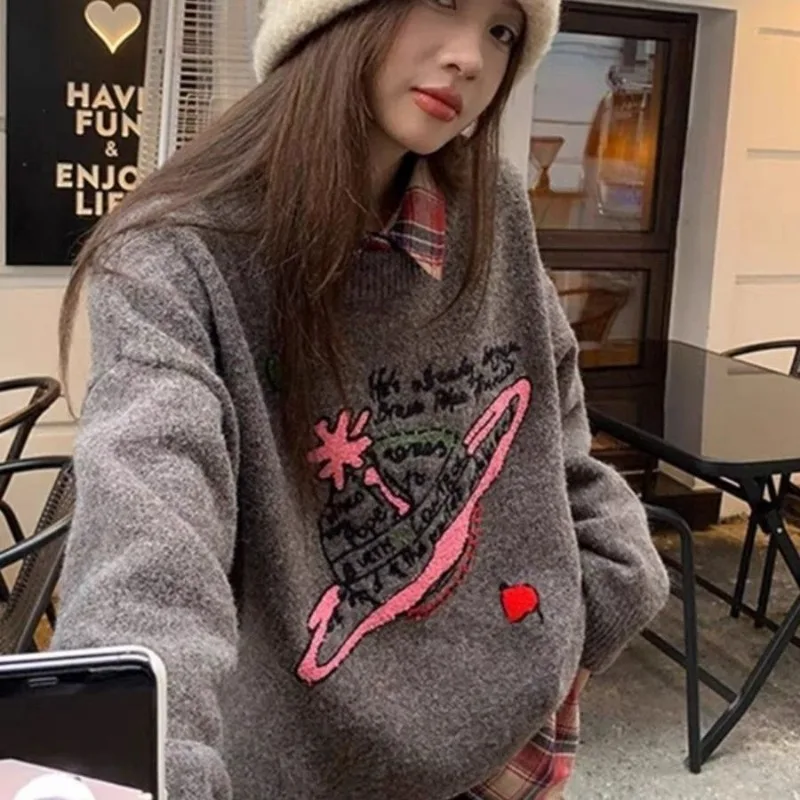 Korejpaa Süße Cartoon Brief Jacquard Pull Femme Strickwaren Herbst Winter Pullover Top Outwear Casual O Neck Gestrickte Pullover