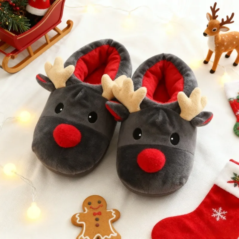 

Couple Christmas Themed Cotton Slippers Unisex Funny Plush Home Warmth Deer Design Slippers Indoor Comfort for Holiday Family
