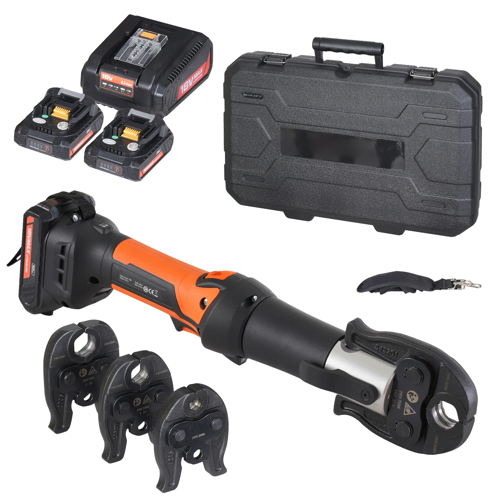

SucceBuy Pro Press Tool and Battery Kit Electric Pipe Crimping Tool with V15 V22 V28 Jaws Press Tool Kit with 2pcs 2.0Ah Battery