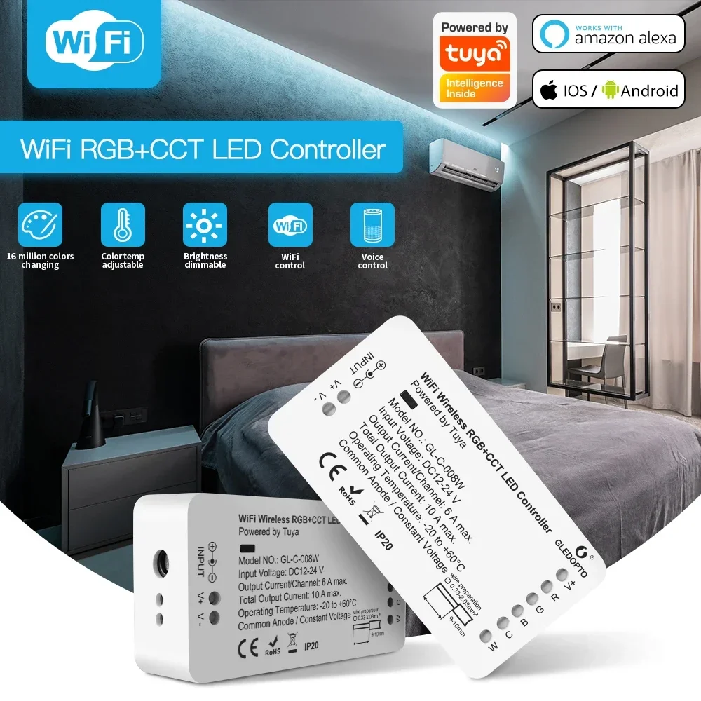 Gledopto Yandex Alice WiFi LED Controller RGBCCT DC12-24V Tuya Smart Life App Voice Control Warm Cold White Dimmable Strip Light