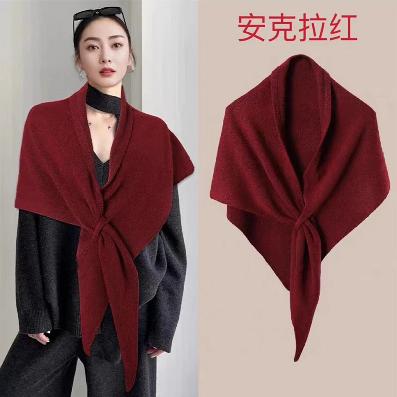 

Fmale 100% Cashmere Knit Shawl Women Four Seasons Soft Pure Colour Triangle Intersection Scarf Fashion Angola red Scarves