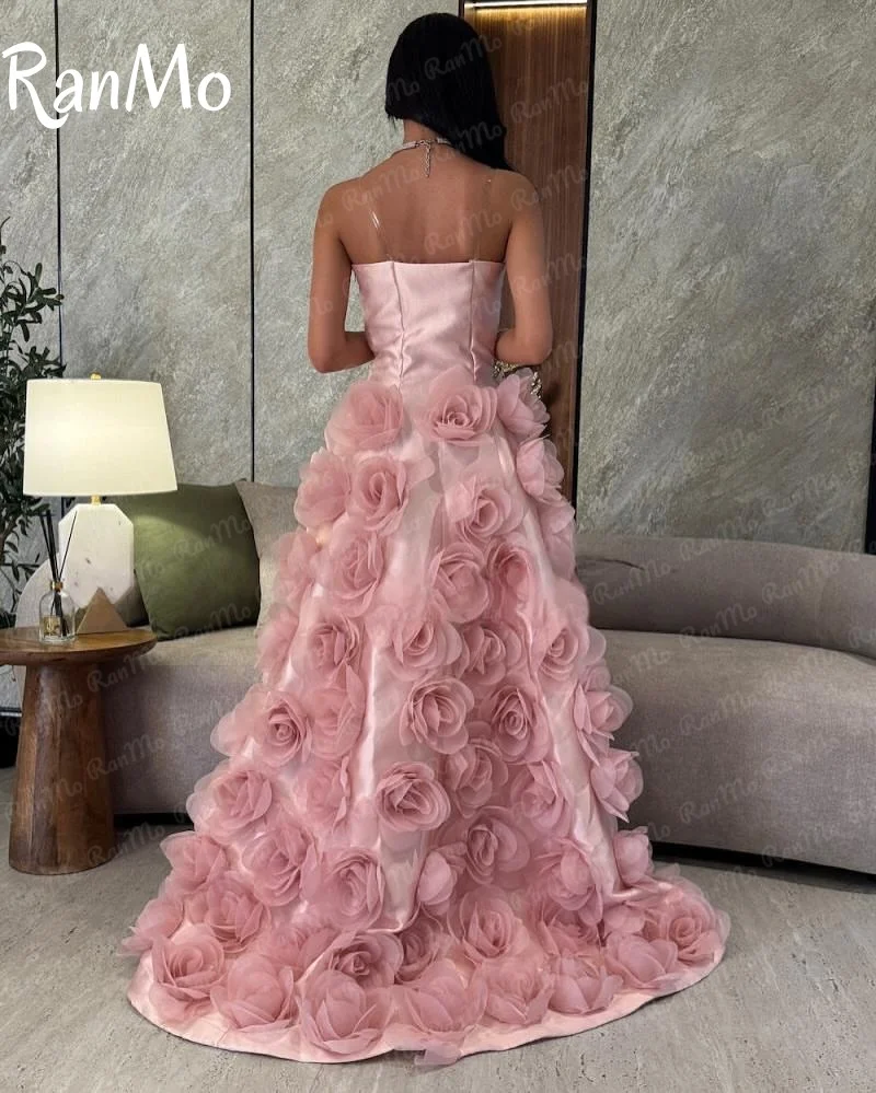 Ranmo 2025 Customised Evening Dress Luxury 3D Flower Lace Party Gown Strapless Floor-Length Party Dress فساتين سهرة