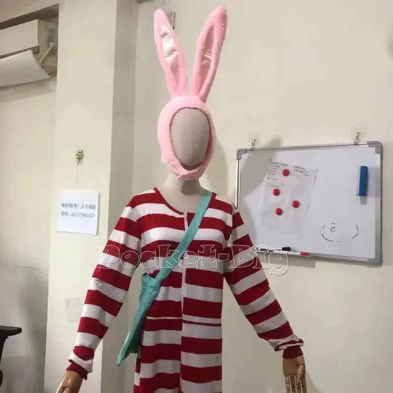2025 11 Popee The Performer حقيبة أزياء تنكرية بيجامة مخططة باللونين الأبيض والأحمر بذلة أذن أرنب قطيفة مع ذيل عيد الميلاد