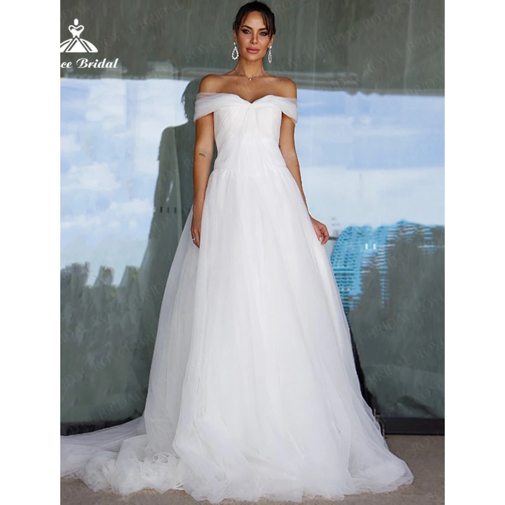 

Roycebridal белое тюлевое свадебное платье трапециевидной формы 2025 с вырезом «бато» и открытыми плечами, вечерние платья со шлейфом, платья по индивидуальному заказу