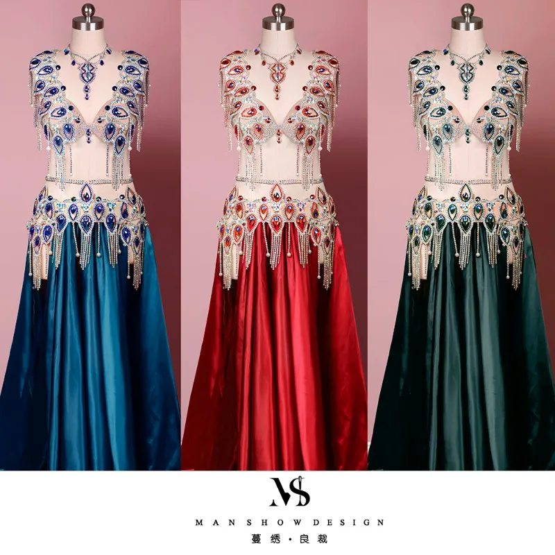 

Customized Belly Dance Costume for Women Peacock Performance Outfit Sparkling Diamond Tassel Heavy Industry Racing Suit Set