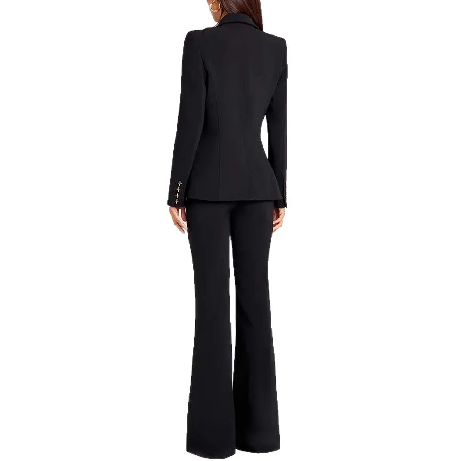 ชุดเซ็ตสามชิ้นสำหรับผู้หญิง ปี 2025 เสื้อเบลเซอร์แขนยาวสีขาวติดกระดุมแถวเดียว กางเกงขาบาน มีสีชมพูและสีดำให้เลือก