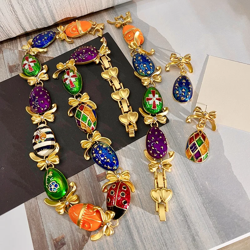 Retro Palace Style Color Insect Necklace Earring Set