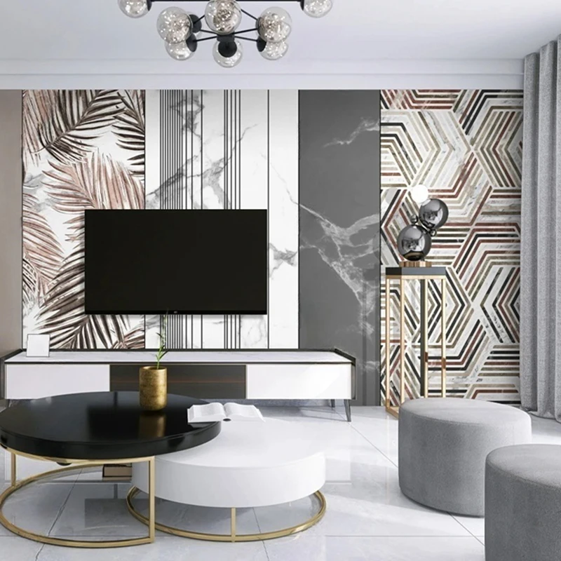 Custom Any Size 3D Photo Mural Marble Plant Leaf Geometric Line Pattern Background Wallpaper Home Interior Decoration Wall Paper
