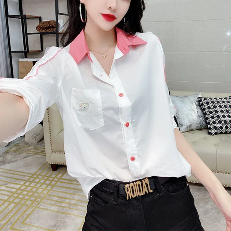 

Summer New Women's Spliced Color Polo-Neck Button Pockets Casual Fashion Loose High Street All-match Three Quarter Shirt Tops