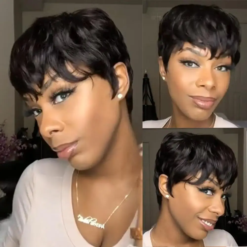 Short Curly Pixie Wigs for Black Women, Synthetic Hair Wigs for Black Women, Natural Wavy Pixie Cut Comes with a hair tie net