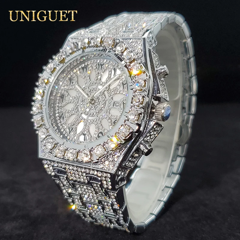 Reloj de lujo para hombre, relojes de cuarzo con diamantes helados para hombre, reloj de mano de Hip Hop con circonita brillante, reloj luminoso resistente al agua para hombre