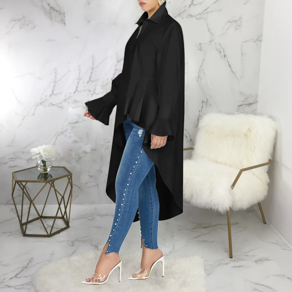 Chic Large Size Asymmetrical Line A Blouse Trend Shirts Women Hem Shirt Leisure Long Sleeves Button Tops Lapale Neck White Dress