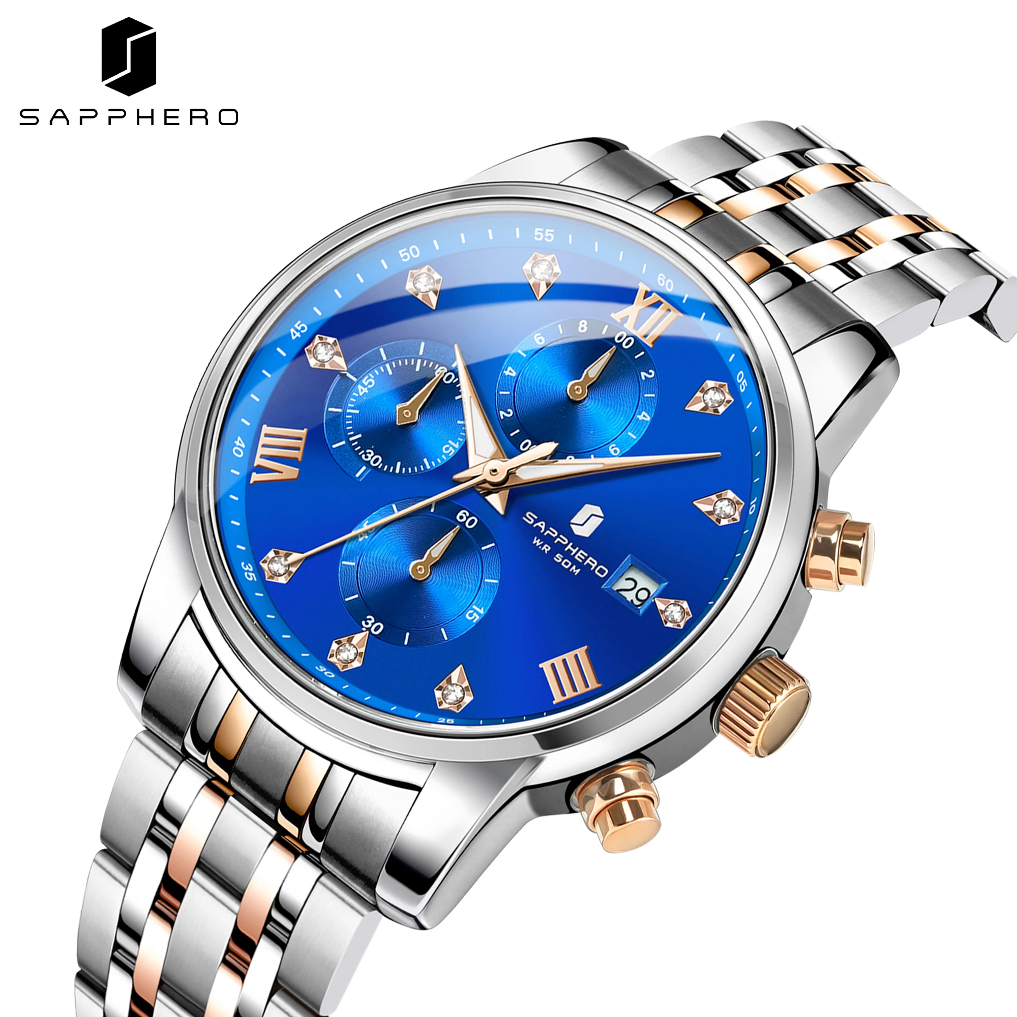 SAPPHERO Montre Chronographe à Quartz Homme, Étanche 5ATM, Montre Business Casual avec Date, Aiguilles Lumineuses, Cadeau Parfait