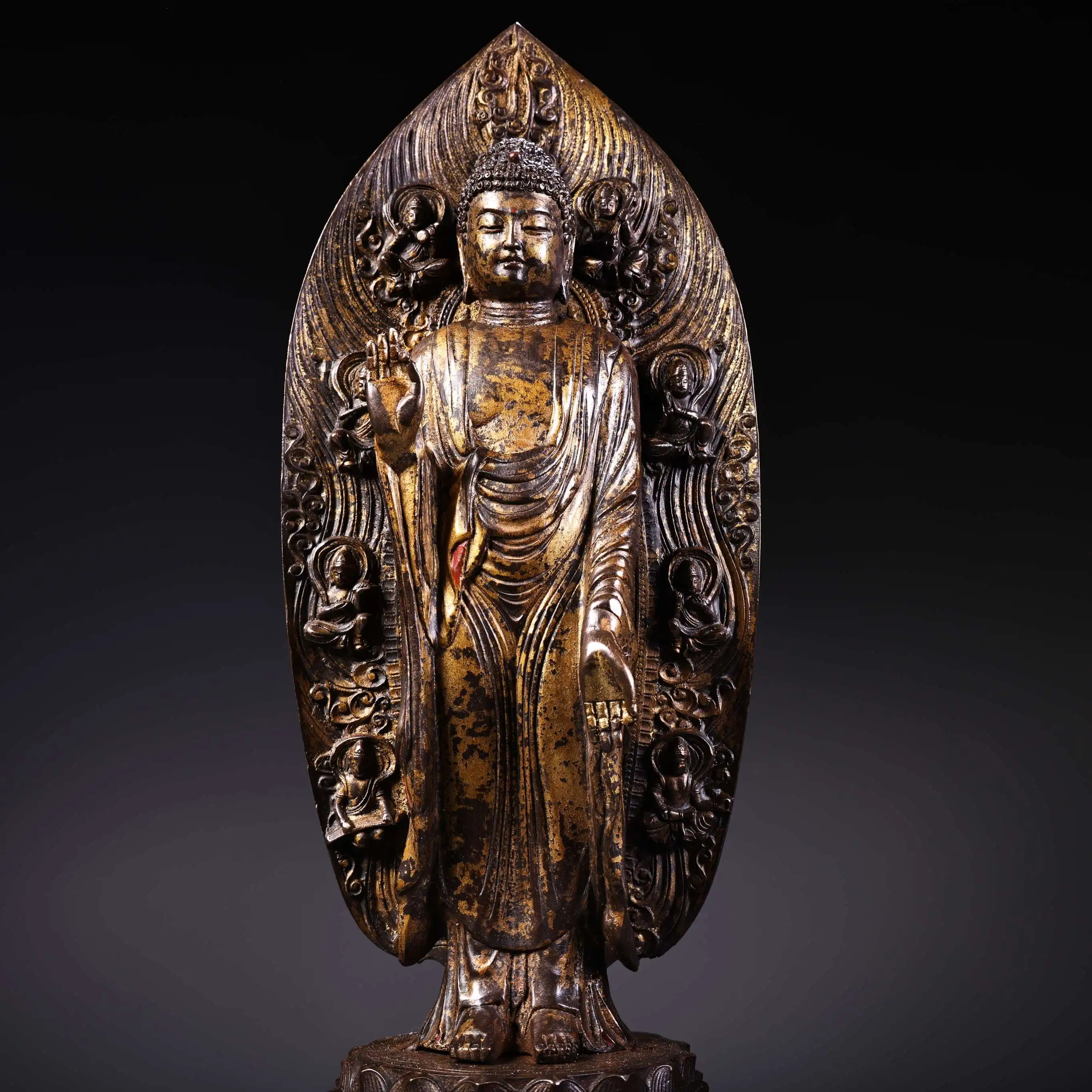 

17 "Народная коллекция Xizang, старая бронза, позолоченная киноварь, высокое рельефное, три шалфея, Амитабха Шакьямуни, Гуаньинь, Будда, зал поклонения