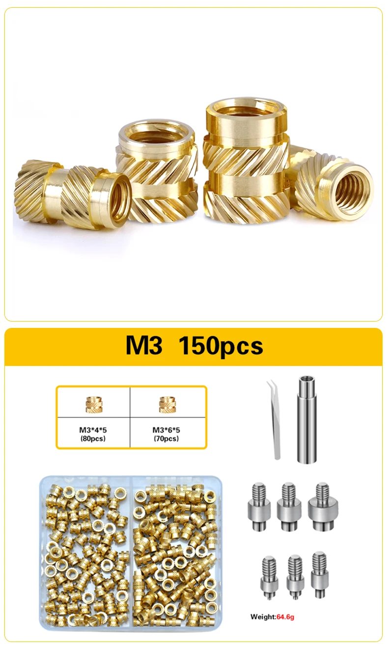M2 M2,5 M3 M4 M5 M6 Messing Einsatz Mutter Kit Wärme Gewinde Einsatz Hot Melt Injektion Mutter Werkzeug Lötkolben Spitze Set für 3D Druck – Detail 10