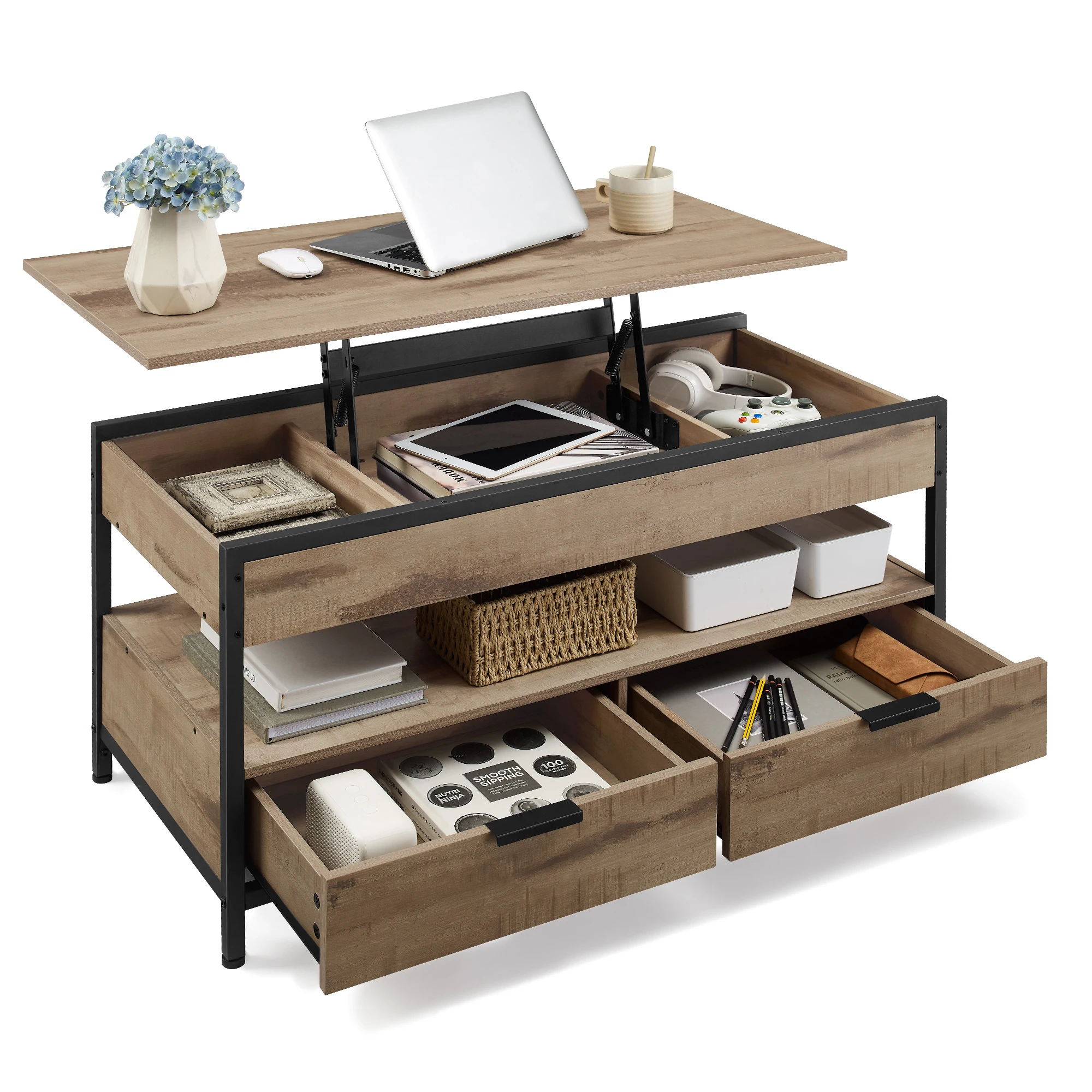 VASAGLE Couchtisch, höhenverstellbarer Wohnzimmertisch, Kaffeetisch, mit Schubladen, offenes Fach,50 x 100 x (48-63)cm