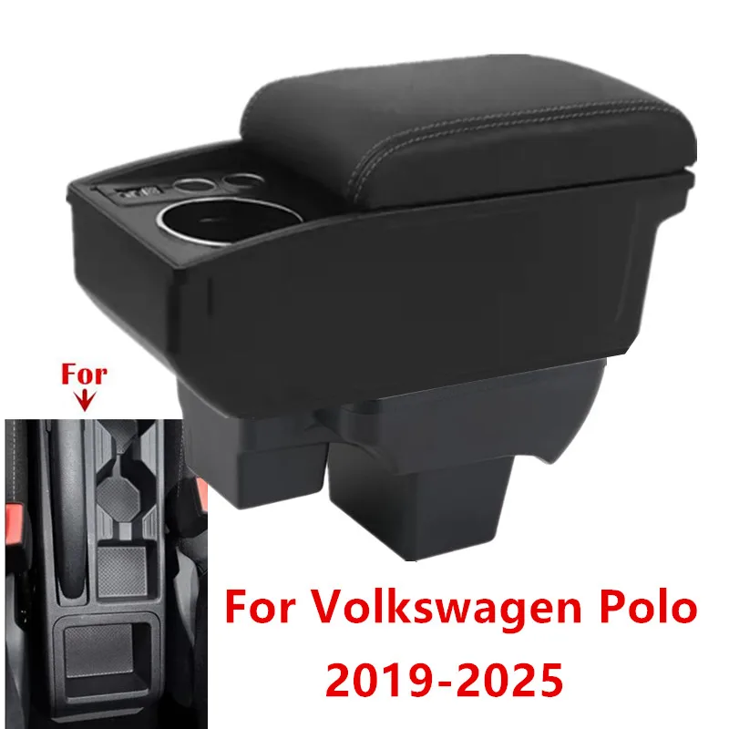 Für Volkswagen Polo Armlehnenbox für VW Polo 2019-2025 Auto-Armlehne Doppelschichtige Aufbewahrungsbox Getränkehalter Nachrüstung Auto-Zubehör