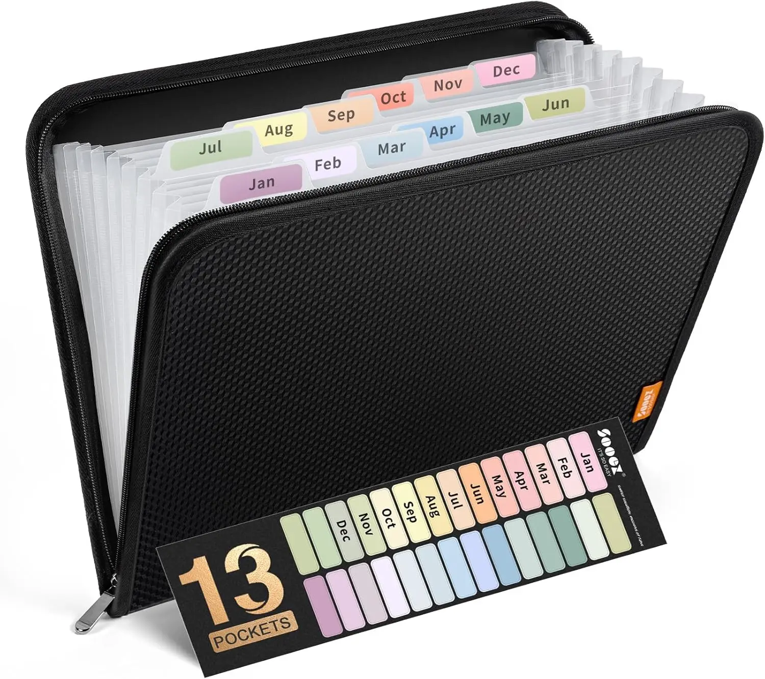 

13 Pocket Zipper Expanding File Folder Organizer, A4 Letter Size Portable Document Storage, Black