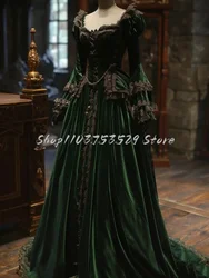 Classic Dark Green Victorian Prom Dresses Elegant Lace Square Neck Long Sleeve Gothic Tie Pleated A-Line Masquerade Evening Gown