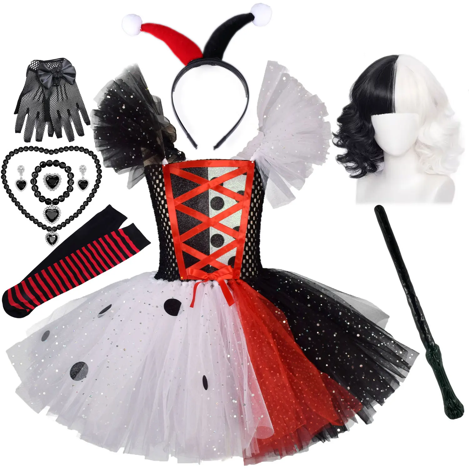 

2025 Classic Girl Cosplay Clown Pure White + Black Princess Puffed Skirt Halloween Easter Festival Party Dress+ Accessories Set