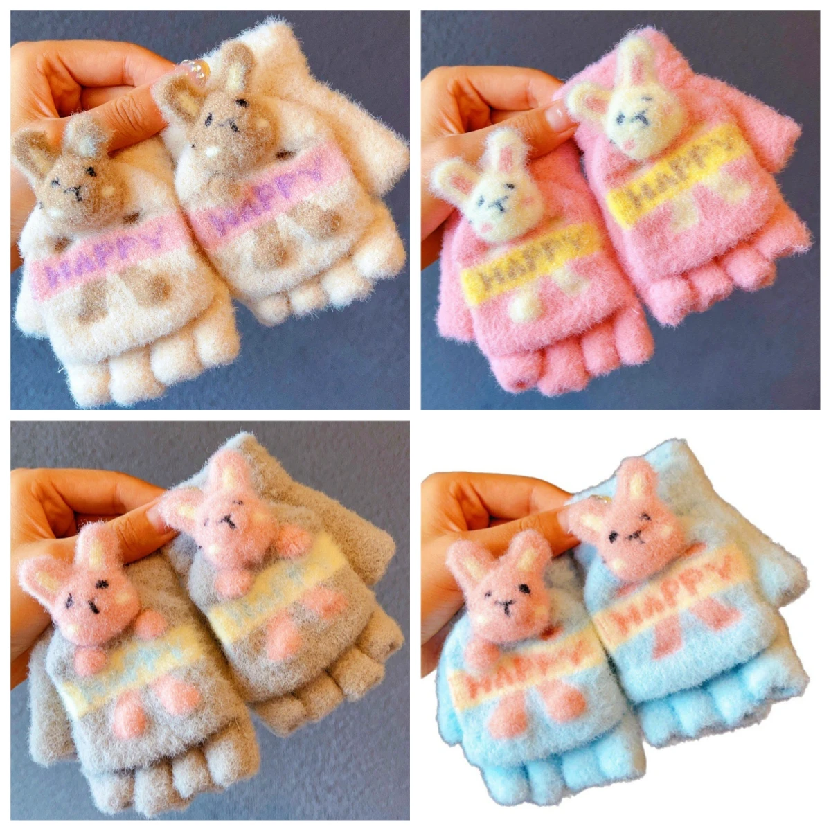 

Детские перчатки с милым кроликом из мультфильма, осенние и зимние варежки для девочек, перчатки с пятью пальцами, бархатные теплые перчатки с полупальцами HP01