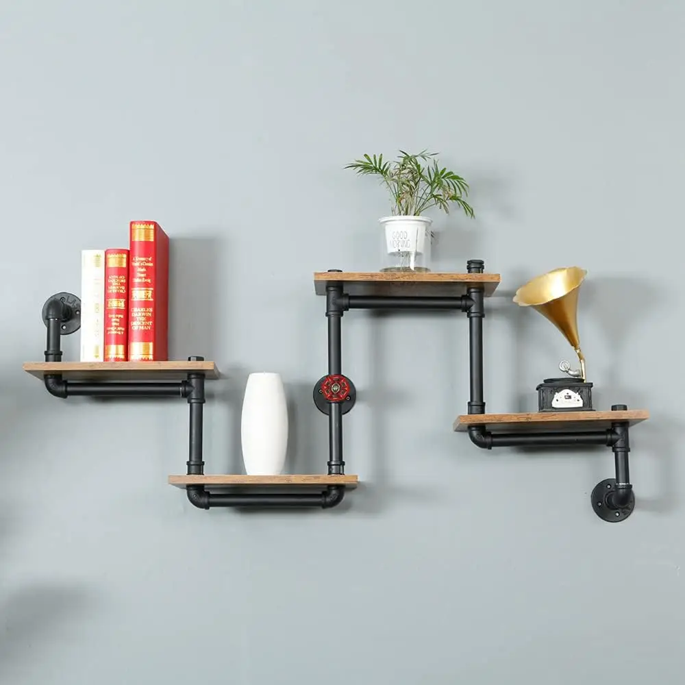 Industrial Pipe Shelving, Pipe Shelves with Wood Planks, Floating Shelves Wall Mounted, Retro Rustic Industrial Shelf for Bar Ki