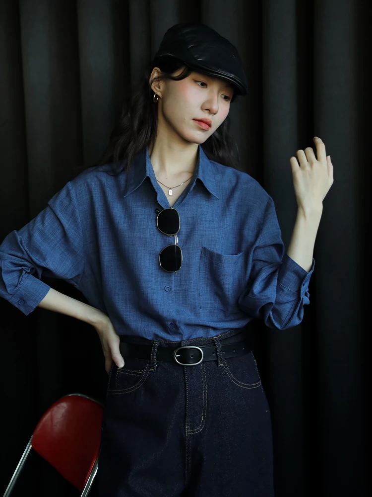 

Темно-синий свободный женский длинный све irt в стиле ретро, простой дизайн, для похудения, Гонконг, на пуговицах, чистый цвет