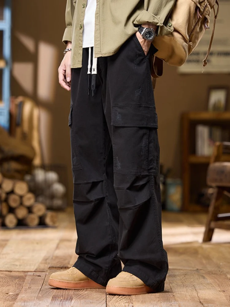 Celana Katun 100% Pria 2025 Celana Olahraga Serut Kasual Longgar Baru Musim Gugur Celana Lebar Lurus Pemuda Saku Besar Mode