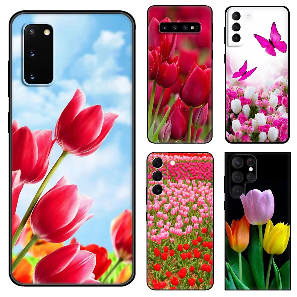 Spring Tulips Flower Black tpu Case For Samsung galaxy S22 S20 S21 FE PLUS ultra+S10 E lite back cover