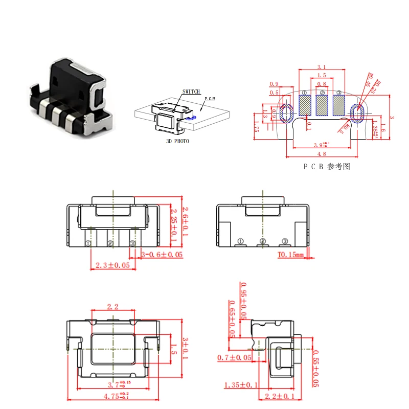 5-10 Stück 4,5*3*2,5mm 3-Pin Taktiler Tastenschalter Momentaner Tastenknopf für Mobiltelefon/Elektronische Uhr Seitlicher Druckknopf – Detail 5