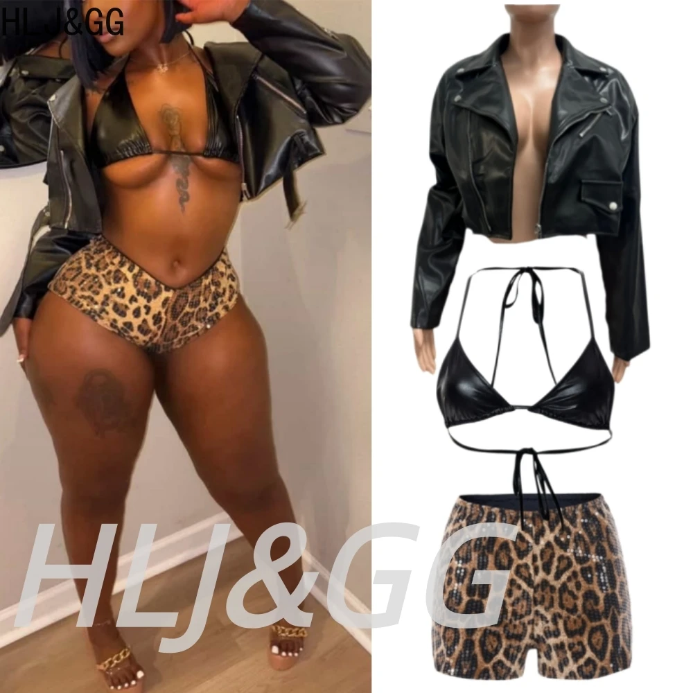 

HLJ&GG Black Leather Sexy Hollow Jackets 3 Piece Sets Women Bandage V Neck Vest+Long Sleeve Crop Coat+Sequin Leopard Shorts Suit