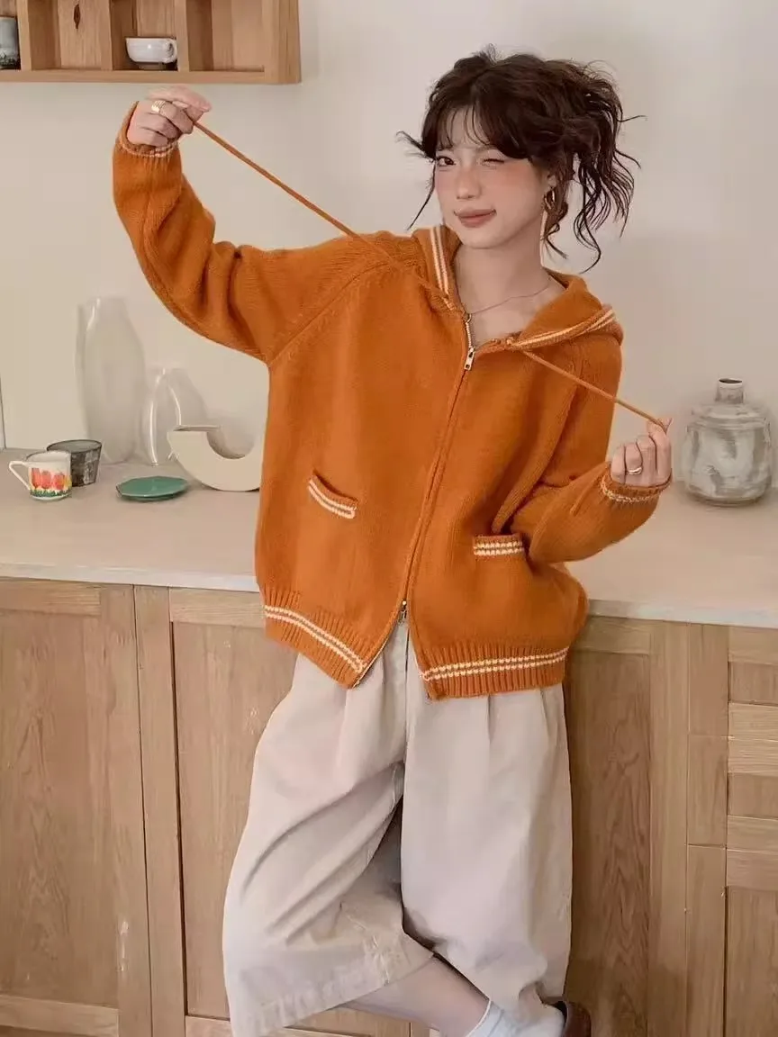 

Шикарный свитер-худи цвета тыквенного оранжевого, женский, новинка 2025 года, осенне-зимний, вязаный кардиган, топ, винтажный, свободный крой, длинный рукав