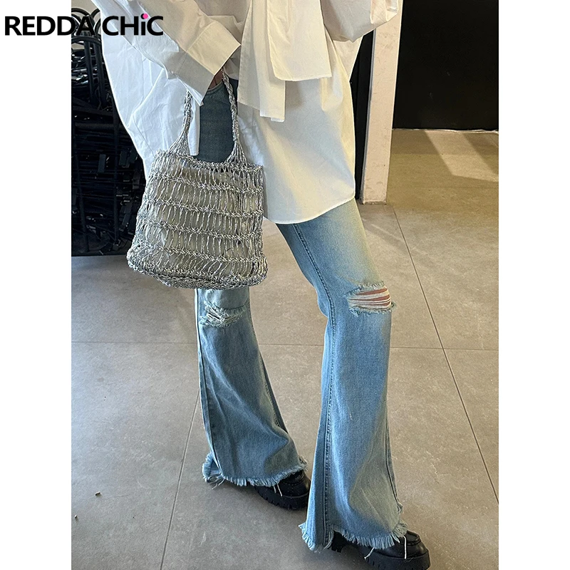 

REDDACHiC Ripped Holes Flare Jeans Women Y2k Retro Blue Whiskers Casual Plain Raw Edge Denim Bootcut Pants OL Korean Streetwear