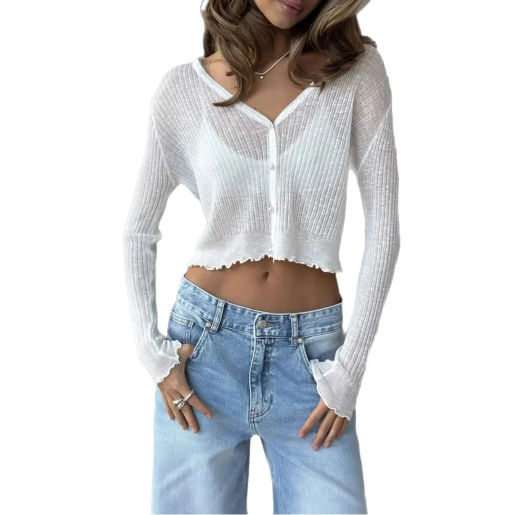 summer thin ice silk knit cardigan women's sunscreen shirt long sleeve short solid color lace blouse small coat shawl