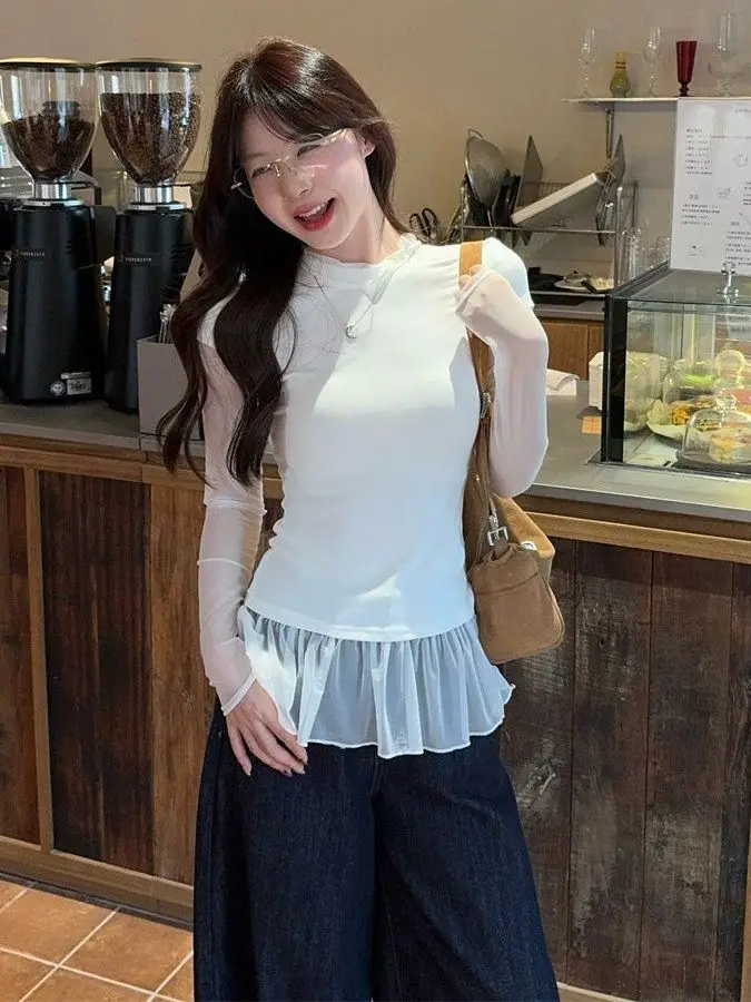 Ballet Style Long Sleeve T-Shirt Women Early Autumn New Waist Cinched Slimming Sweet See through Mesh Splice Inner Wear Top