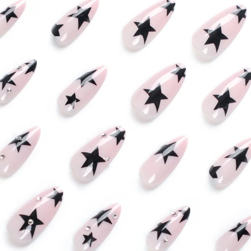 Uñas postizas reutilizables con Estrellas Negras para mujer, uñas postizas con diamantes, ovaladas, almendra, medio largo, prensatelas con pegamento, 24 piezas