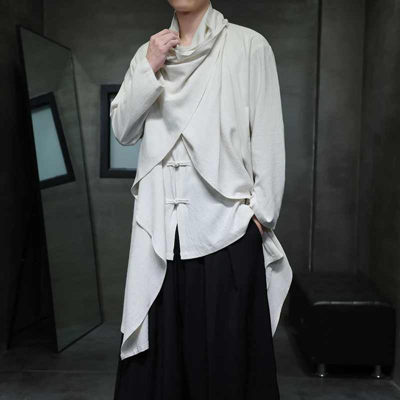 2025 Men Retro Shirts Men Windbreaker Casual Cotton Solid Color Scarf Collar Irregular Cloak Male Chinese Style Linen Trench