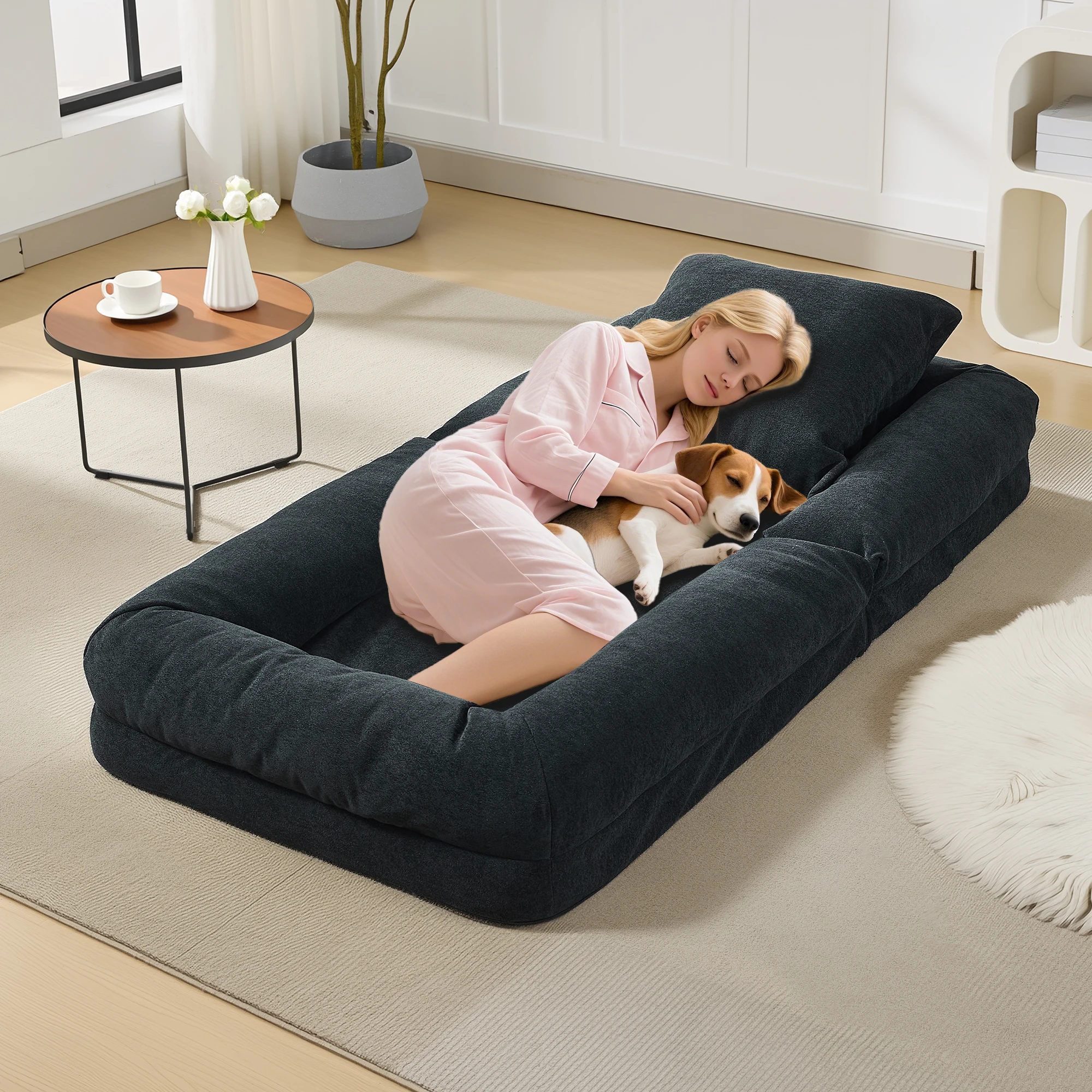 Human Dog Bed for Adult and Pets, Convertible Floor Lounge Chair, 5 Adjustable Positions, 2 Pillows, Chenille Black