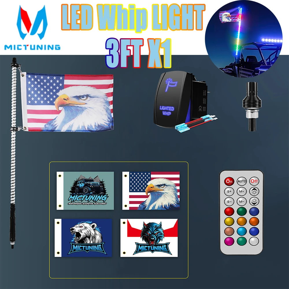 

MICTUNING 3FT RGB+IC LED Whip Lights COB Lamp Beads Dynamic Lighting Waterproof & Bendable with Remote Control Rocker Switch Kit