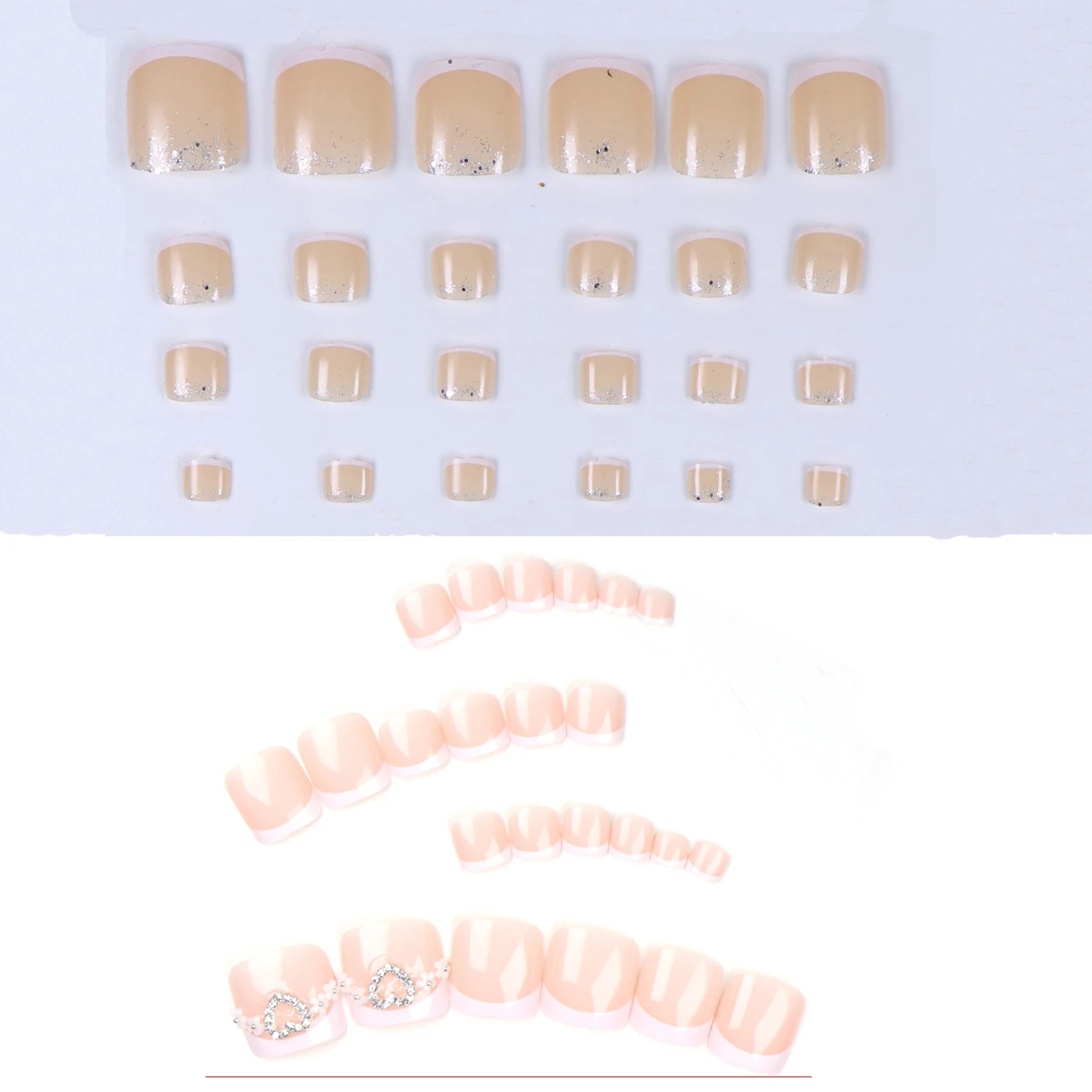 144 pièces/6 ensembles-ongle faux bord français blanc naturel-carré conception différente pressé acrylique faux ongle