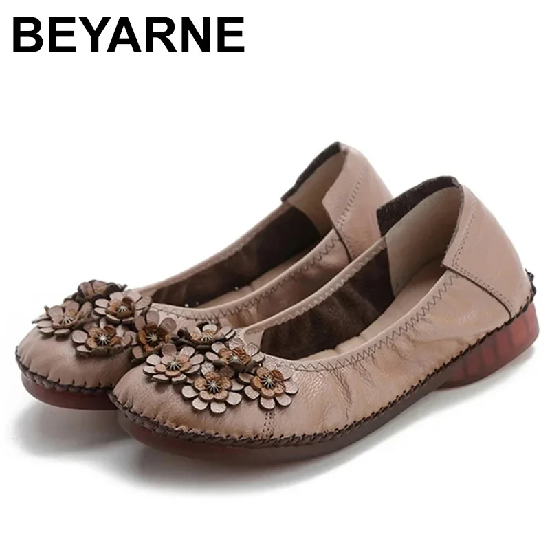 BEYARNE Handmade Women Shoes Flats Genuine Leather Shallow mouth Flower Single shoes Woman Loafers Vintage women\'s Leather shoes