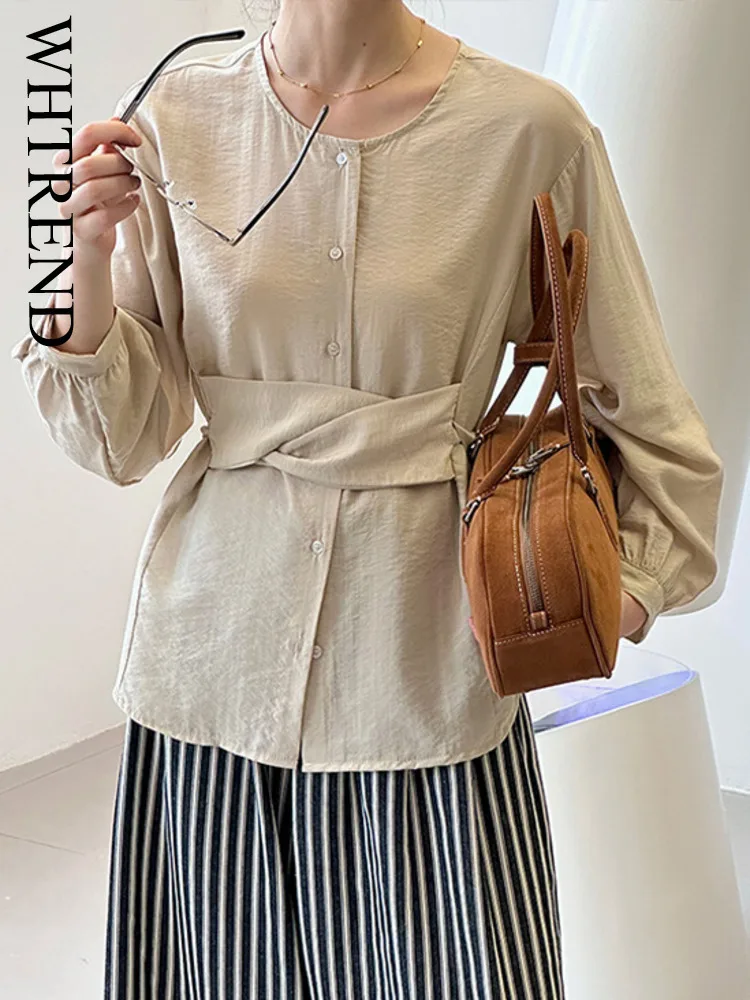 

WHTREND 2022, осенняя новая дизайнерская галстук на талии, стильная рубашка с круглым вырезом и длинными рукавами для женщин, офисная женская рубашка WH1714