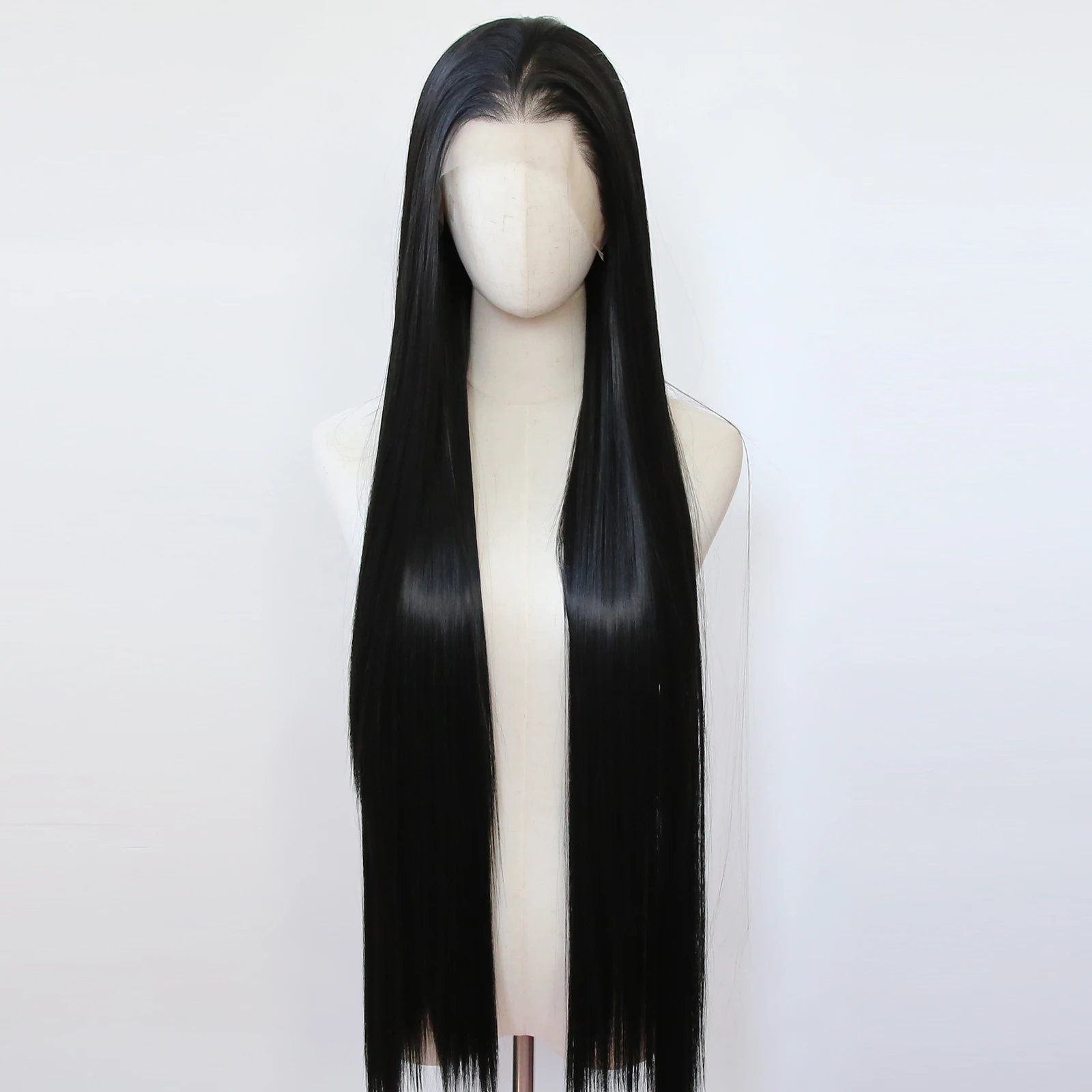 Wig sintetis renda depan hitam Natural 40 inci Wig sintetis depan renda hitam Jet panjang lurus Wig alami pra pencabutan garis rambut