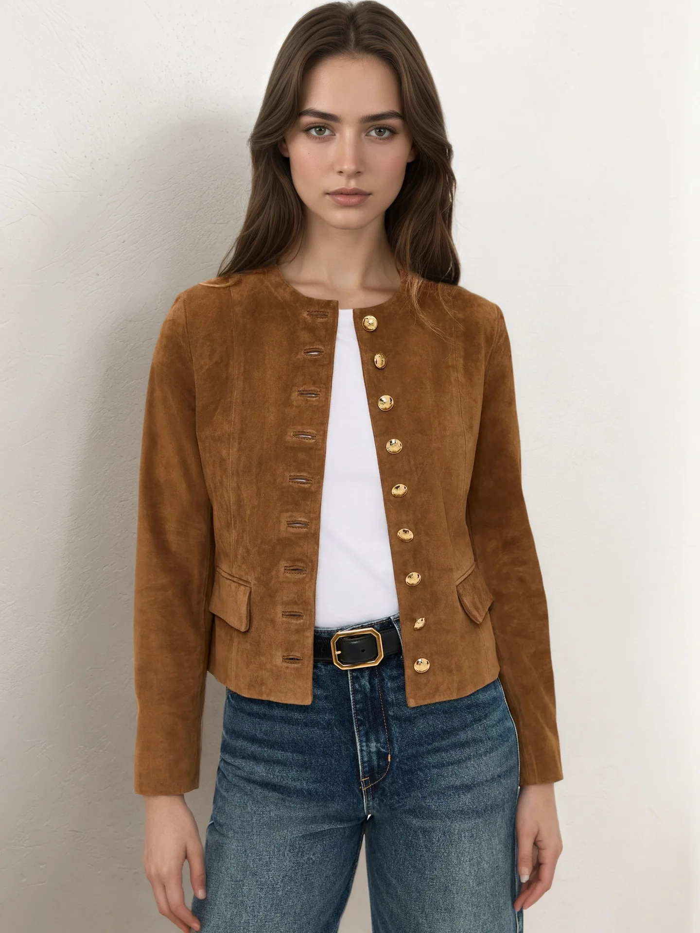

Vintage Metal Single Breasted Button Suede Coat Solid Color O Neck Autumn Jacket Women Streetwear Retro Short Coats Female